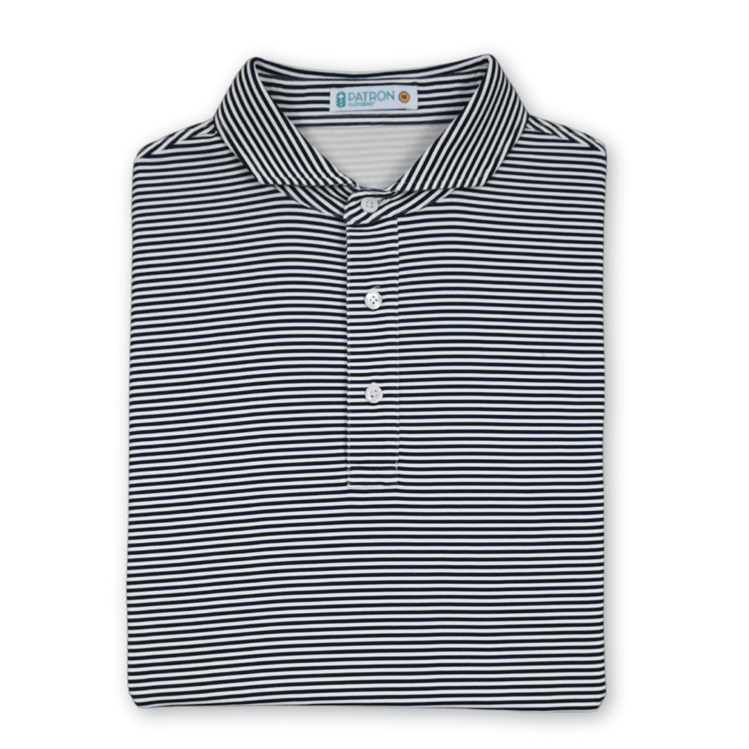 Lay flat Maverick golf Polo with tapered collar and three-button placket made from sustainable, biodegradable, moisture-wicking fabric with UPF 50 sun protection.
