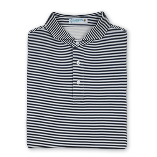 Lay flat Maverick golf Polo with tapered collar and three-button placket made from sustainable, biodegradable, moisture-wicking fabric with UPF 50 sun protection.