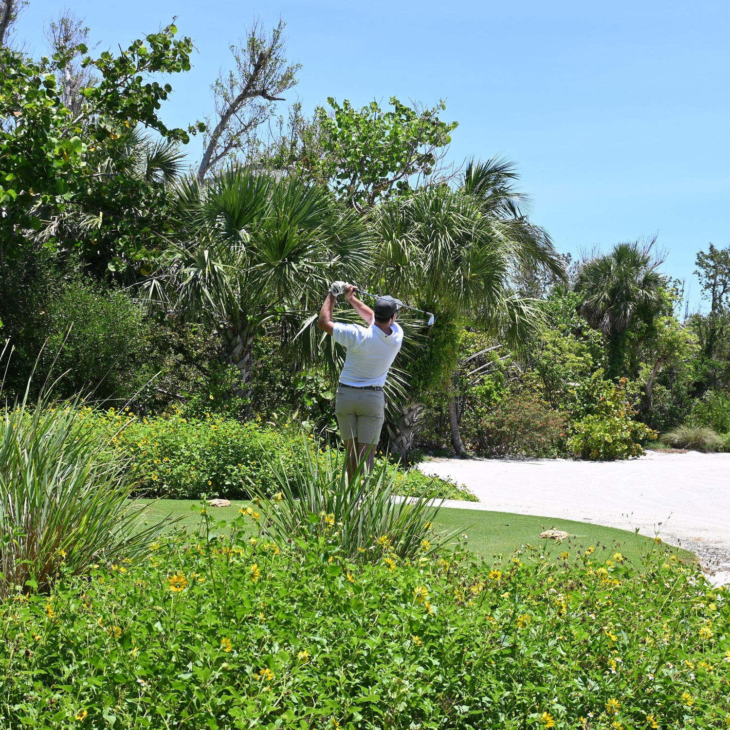Person playing golf on a lush green course with trees and clear sky.